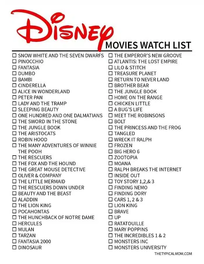 A checklist titled "Disney Original Movies List" shows a selection of Disney titles with checkboxes. Some movies, including "Sleeping Beauty" and "Dumbo," are marked with red checkmarks. The list features both beloved classics and newer releases.