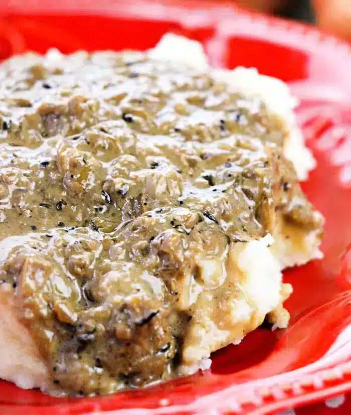 A serving of mashed potatoes is topped with brown, slightly textured gravy on a red plate. The close-up view highlights the thick and creamy consistency of the onion gravy recipe.