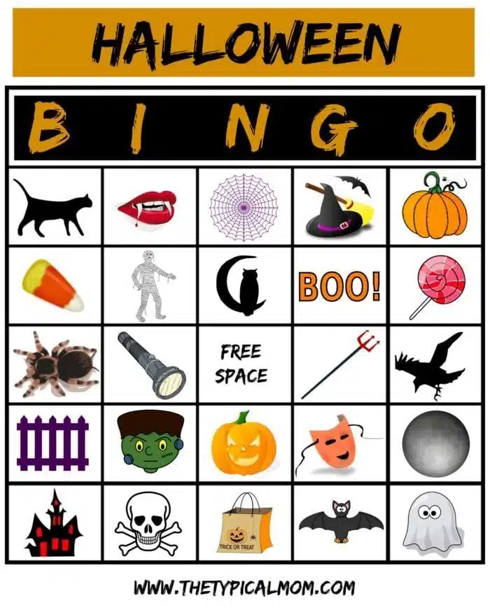 Halloween Bingo card featuring images such as a black cat, candy corn, spider, witch hat, mummy, lips with vampire teeth, pumpkin, ghost, haunted house, skull, fence, lollipop, flashlight, bat, devil pitchfork mask Frankenstein and a full moon. Enjoy playing Halloween Bingo!