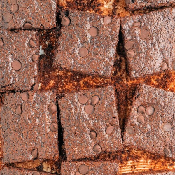 A close-up image of cut chocolate brownie squares, perfect for those wondering what to make with flaxseed meal. The brownies are topped with chocolate chips and appear moist and rich in texture, arranged in a grid pattern.