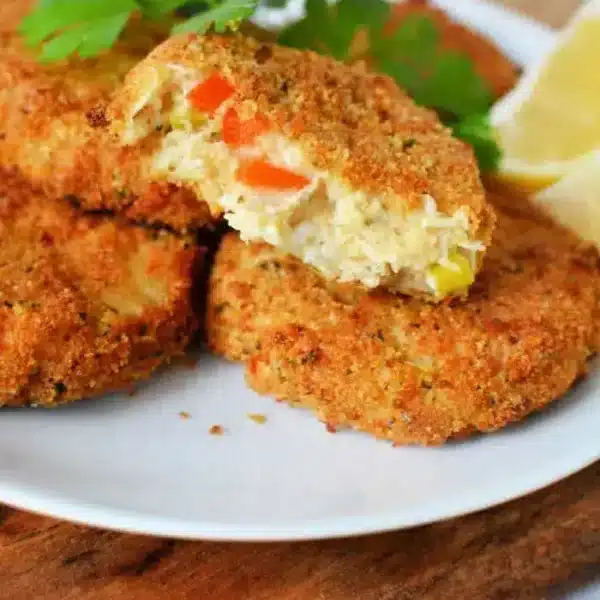 A white plate with crispy air fryer crab cakes, garnished with parsley and a lemon wedge.