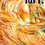 Close-up of a Potato Tart with golden-brown potato layers in a spiral pattern, garnished with fresh thyme. Top text reads "Potato Tart!" in bold, black letters.