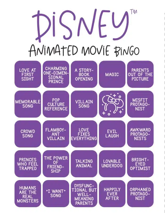 A "Disney Bingo" card with 25 squares, each listing common Disney movie tropes like "Love at First Sight," "Magic," "Villain Song," "Evil Laugh," "Talking Animal," and "Parents Out of the Picture." The center square features a bingo symbol.