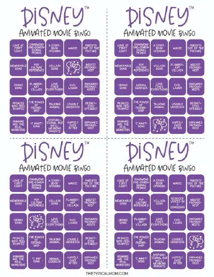 An image showcasing four identical Disney Bingo cards, each featuring a 5x5 grid with various movie-related phrases such as "Love at first sight," "Talking animal sidekick," and "Villain has powers." The cards boast a purple background.