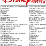 A printable checklist of Disney original movies is shown. The list includes classics like "Snow White and the Seven Dwarfs," "The Lion King," and "Toy Story," complete with checkboxes next to each name for easy tracking.
