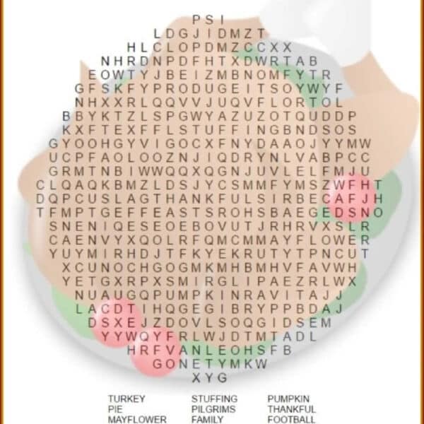 Thanksgiving word search puzzle featuring themed words to find, all set over an inviting image of a turkey dinner. Perfect for holiday fun!.