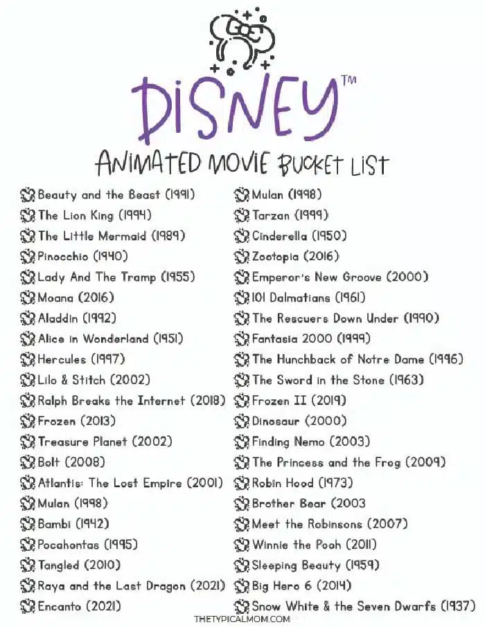 A list titled "Disney Animated Movie Bucket List" with 54 classics, ranging from "Beauty and the Beast (1991)" to "Encanto (2021)". This Disney Bingo includes gems like "The Lion King (1994)", "Frozen (2013)", and the timeless "Snow White & the Seven Dwarfs (1937)".