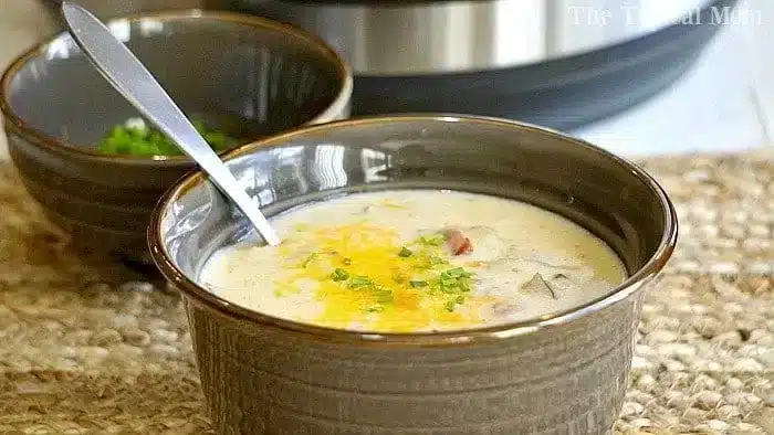 A brown bowl filled with creamy Instant Pot potato cheese soup is topped with shredded cheese and chopped green onions. A spoon rests inside the bowl. Another similar bowl with green onions lurks in the background on a textured beige surface.