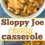 Bowl and dish of cheesy cornbread Sloppy Joe casserole topped with chopped green onions and melted cheese.