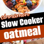 A bowl of cinnamon oatmeal topped with fresh fruit and crunchy nuts.