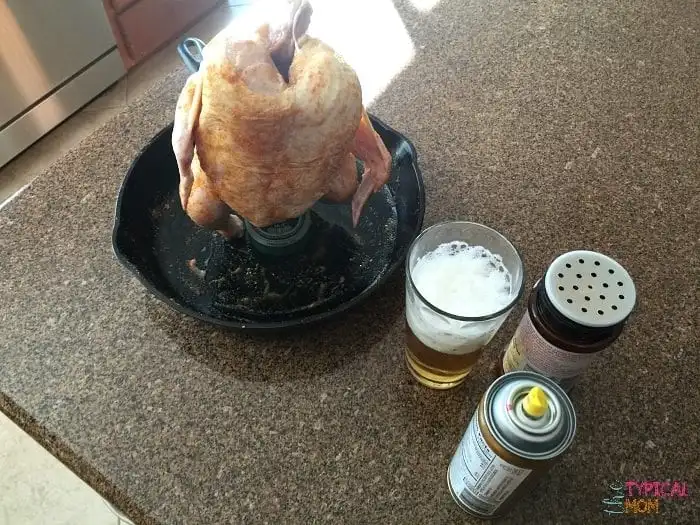 A raw chicken is placed upright on a can inside a roasting pan on a kitchen counter, mimicking the style of beer can chicken destined for a charcoal grill. Next to it are a glass of beer, a seasoning shaker, and a canister. Sunlight shines on part of the counter.