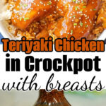 A bowl of crockpot teriyaki chicken breasts on rice sits ready to eat, while a hand holds a bottle of Veri Veri Teriyaki sauce.