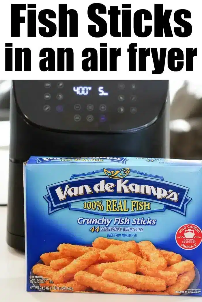 A package of Van de Kamp's air fryer fish sticks is placed in front of an air fryer set to 400 degrees Fahrenheit. 