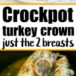 Crockpot turkey crown with lemon and herbs, expertly prepared as one of the finest slow cooker turkey breast recipes, sliced and served on a plate.