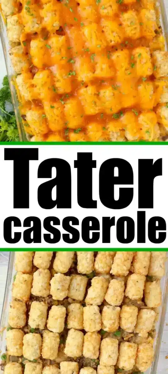 A deliciously easy tater tot casserole topped with melted cheese and herbs. Bottom image: A tater tot casserole with perfectly arranged tots on top. Middle text: "Tater Casserole" in bold letters.