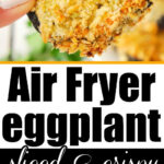 Close-up of a hand holding a crispy Eggplant Air Fryer slice above more golden slices nestled in an air fryer basket.