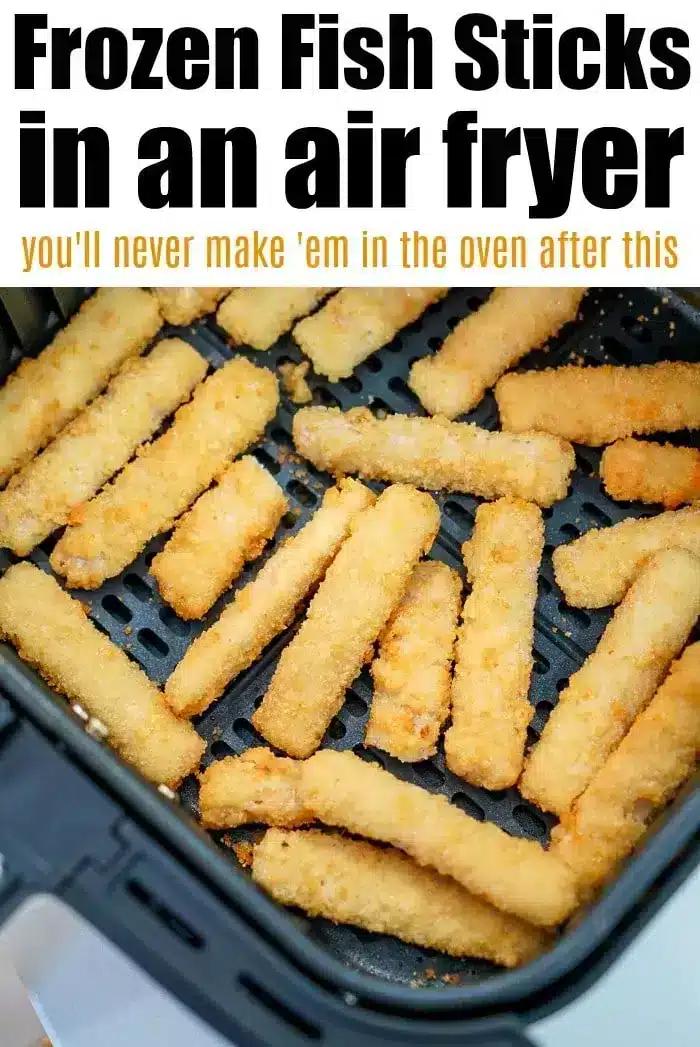 A close-up of frozen fish sticks arranged in an air fryer basket. The text at the top reads, "Air Fryer Fish Sticks," followed by a subheading, "you'll never make 'em in the oven after this.