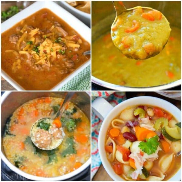 Collage of four soups: chili, split pea, chicken vegetable, and minestrone in bowls with ladles, showcasing delicious ninja foodi soup recipes.