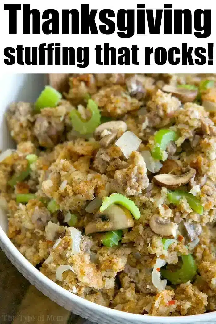 A bowl of Thanksgiving stuffing with visible ingredients including mushrooms, celery, and onions. The text above reads, "Pickford stuffing that rocks!