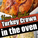 Two images of a Turkey Crown: one raw and coated with herb butter, the other baked to golden brown perfection with crispy skin.