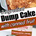 Close-up of a cinnamon swirl 3 ingredient dump cake in a pan, with a can of sliced pears and cake mix shown below.