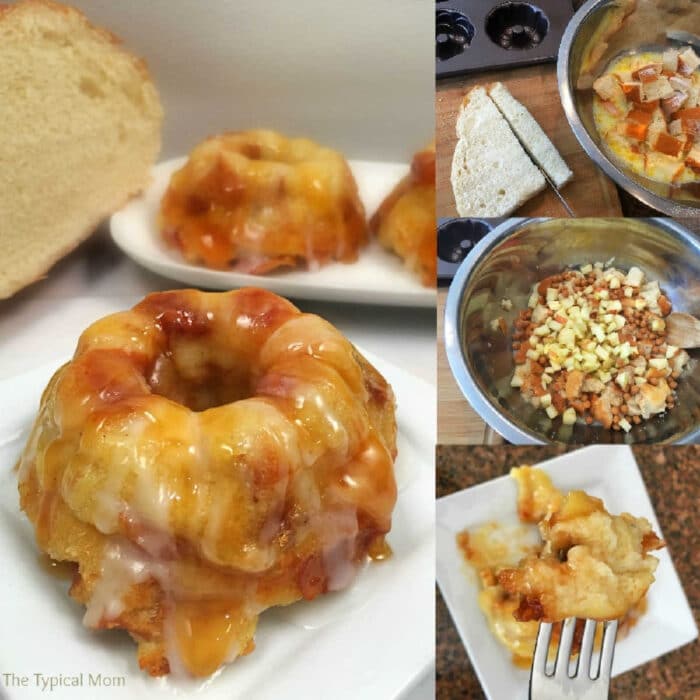 This easy caramel apple bread pudding recipe is amazing and so easy to make! With sticky caramel bits and tender pieces of apples inside it's the perfect dessert casserole to make year round. Make into pretty mini bundts drizzled with caramel sauce and it's the best homemade bread pudding you'll ever make. #caramel #apple #breadpudding #pudding #bread #easy #homemade #recipe Mini bundt bread puddings with glaze, including a delightful caramel apple bread pudding variation, shown baked, plated, and ingredients being mixed in bowls.