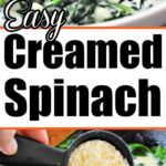 Close-up of creamy spinach topped with grated cheese, captioned Easy Creamed Spinach—a classic side dish that's rich, delicious, and simple to make. Perfect your dinner table with homemade Creamed Spinach.