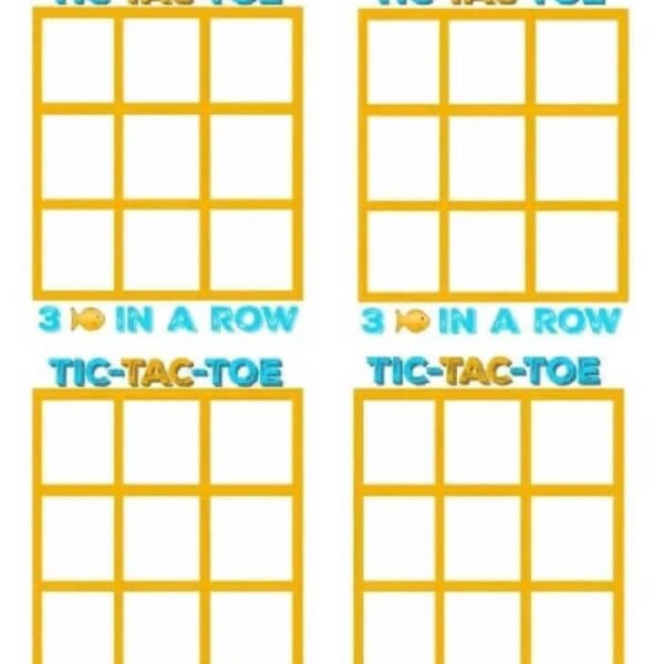 Four Tic-Tac-Toe grids, each with the phrase "3 in a row" below, invite you to dive into a playful challenge. Perfect for gatherings where goldfish crackers become game pieces, transforming snack time into an exciting competition of wits and strategy.