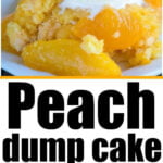 Scoop of dump peach cobbler with vanilla ice cream, and a baking dish of peach dump cake below.