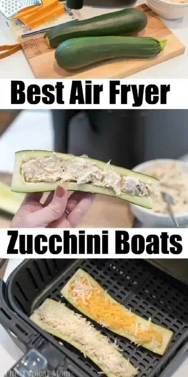 Three steps to make air fryer zucchini boats: start with whole zucchini, fill them with your favorite stuffing, then top with cheese and cook in the air fryer.