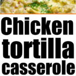 Chicken tortilla bake casserole topped with melted cheese and chopped chives, served on a white plate and in a baking dish.