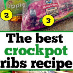 Apple juice, pork ribs, and a crockpot shown with apple juice being poured over ribs; text says best easy crockpot ribs recipe—try adding Coca Cola for extra flavor.