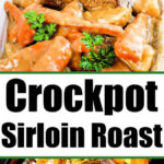 Close-up of a Sirloin Tip Roast Slow Cooker meal with carrots, potatoes, and gravy, garnished with fresh parsley.