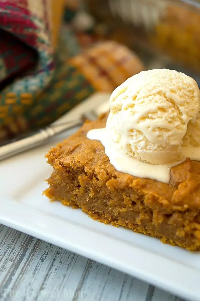 A slice of pumpkin cake topped with two scoops of vanilla ice cream on a white plate.