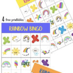 Three colorful Rainbow Bingo cards feature rainbows, clouds, suns, and stars, with text announcing 4 free rainbow bingo printables.