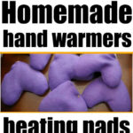 Three images of purple homemade hand warmers and heating pads, including some packaged with a cute label.
