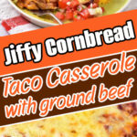Taco cornbread casserole topped with ground beef, cheese, and vegetables, served on a green plate.