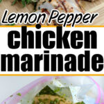 Grilled chicken breast with herbs, and raw chicken marinating in a flavorful lemon pepper chicken marinade in a bag.