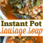 Pressure cooker sausage soup with beans and kale, served in a bowl and Instant Pot, topped with grated cheese.