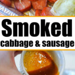 Smoked sausage and cabbage wedges rest in a tray, with rich sauce being poured over them.