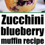 Close-up of freshly baked zucchini blueberry muffins with text: Zucchini blueberry muffins recipe in bold letters.