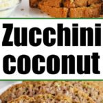 Slices of coconut zucchini bread are stacked and shown close-up on a white surface.