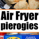 Air fryer with Frozen Pierogies in Air Fryer shown perfectly cooked above a box of Mrs. T’s Classic Cheddar pierogies.