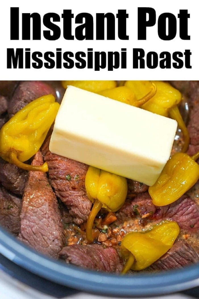 Raw beef, pepperoncini peppers, and a stick of butter in an Instant Pot—everything you need for a delicious Mississippi Roast Instant Pot meal.