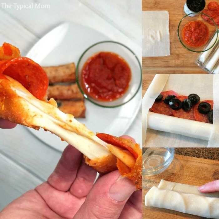 Hand pulling apart a cheesy pepperoni pizza egg roll, with sauce and step-by-step prep images on the side.