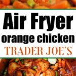 Close-up of crispy air fryer orange chicken with vibrant vegetables, featuring a piece on a fork and text about Trader Joes.