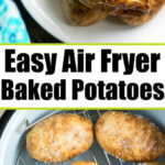 Air fryer baked potatoes with salt in a basket, one potato split open and topped with butter and green onions.