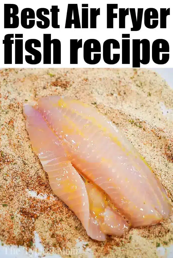 A raw tilapia fillet is shown on a layer of seasoned breadcrumbs. The text above the image reads, "Best Air Fryer Fish Recipe.