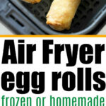 Two golden frozen egg rolls in an air fryer basket above a Ling Ling egg rolls box with chicken and vegetables.