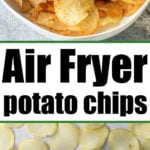 A bowl of crispy russet potato chips made in the air fryer sits above sliced raw potatoes on a white surface.
